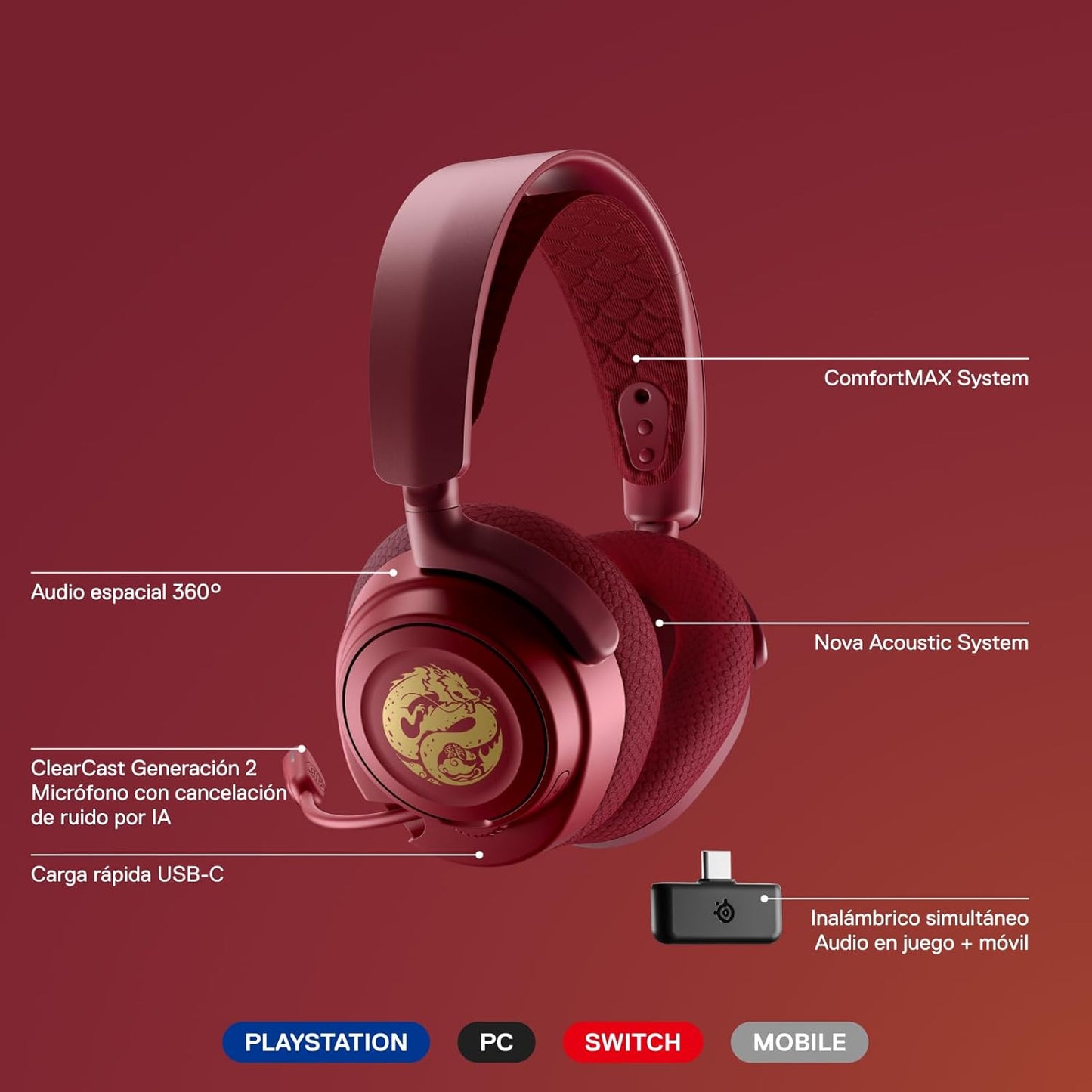 SteelSeries Arctis Nova 7 Wireless - Auriculares Gaming multiplataforma - Dragon Edition - 2 Sets de Placas Inalámbrico Dual 2,4 GHz y Bluetooth - 38h por Carga rápida - PC, PS, Mac, móvil, Switch