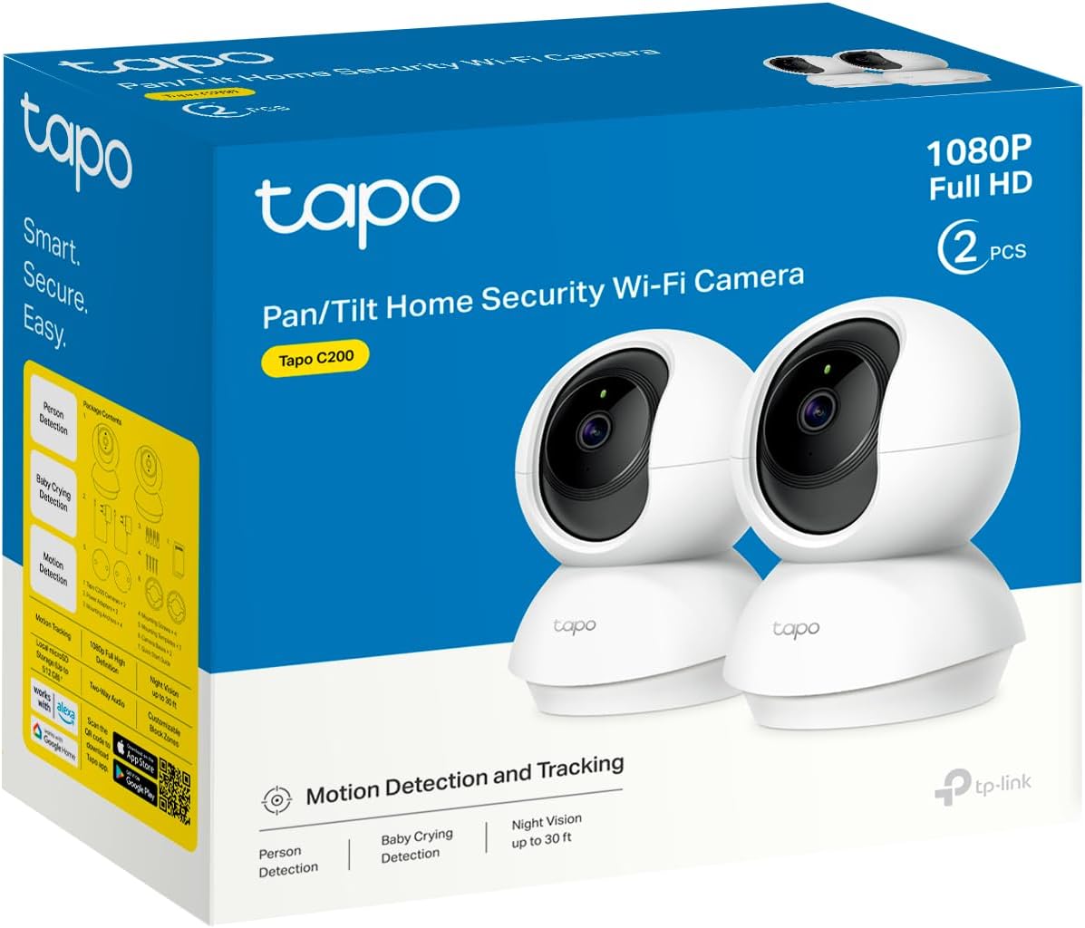 Tapo C200P2 - Cámara IP WiFi 360° Cámara de Vigilancia FHD 1080p,Visión Nocturna, Notificaciones en Tiempo Real, Admite Tarjeta SD,Detección de Movimiento,Control Remoto,Compatible con Alexa