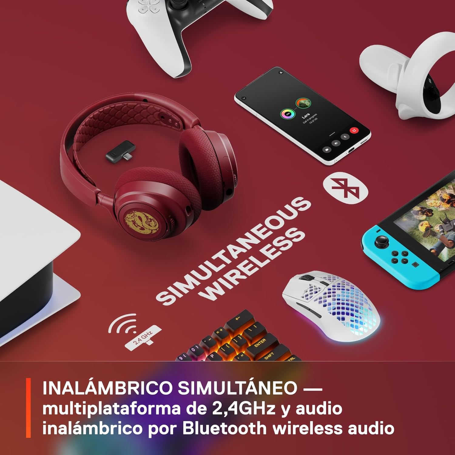 SteelSeries Arctis Nova 7 Wireless - Auriculares Gaming multiplataforma - Dragon Edition - 2 Sets de Placas Inalámbrico Dual 2,4 GHz y Bluetooth - 38h por Carga rápida - PC, PS, Mac, móvil, Switch