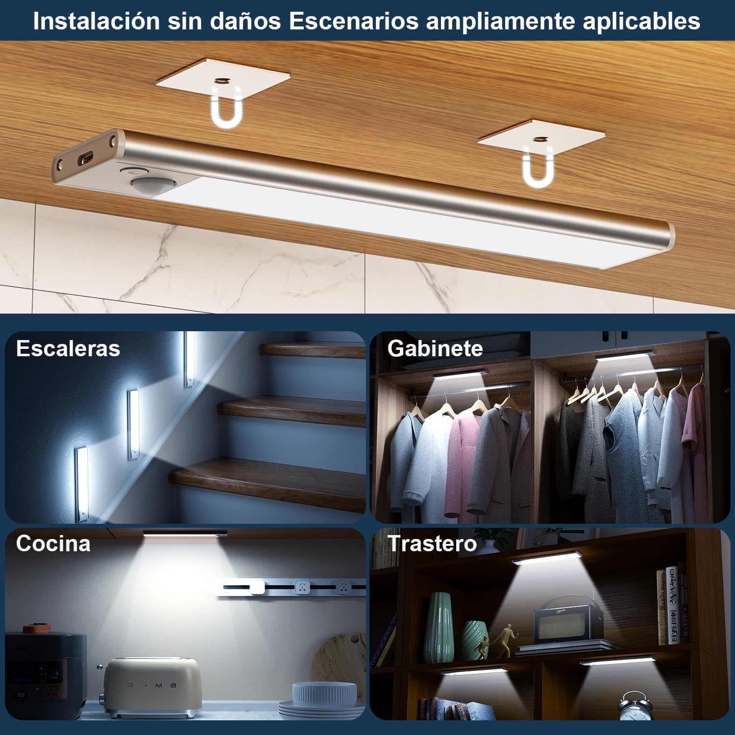 Luz LED Sensor Movimiento Cocina - Armario Luces Pilas Adhesiva Recargable Lampara sin Cables Bajo Mueble Interior Armarios Tira Lamparas Magnetica Pared Barra Light Iluminacion Inalambrica Lights USB