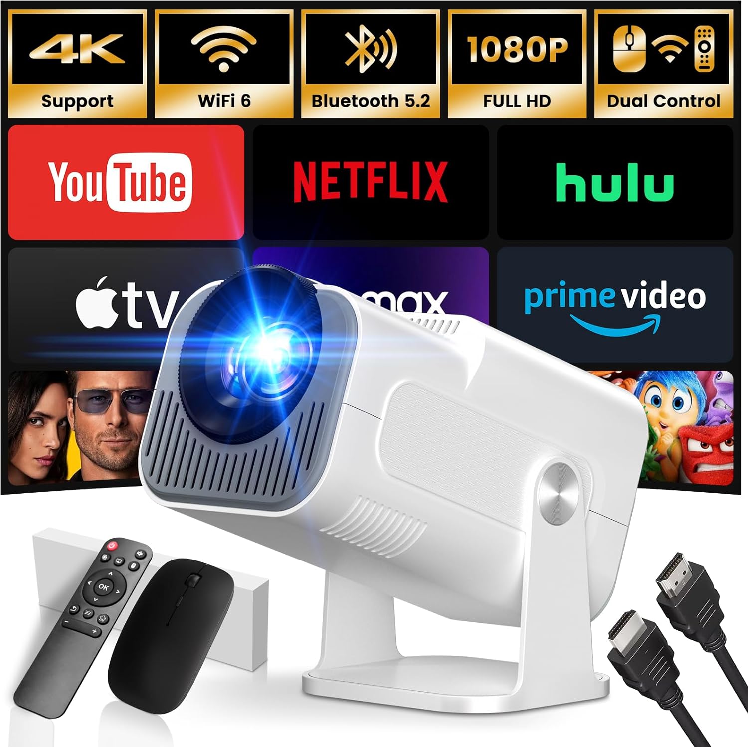 [App Integrada] 2025 Upgraded Proyector Portátil 1920x1080P 4K Supote Videoproyector Dual Control TV WiFi 6 BT5.2 180° Rotation HDMI/TV Stick/USB/PS5/Laptop, con Cable HDMI y Ratón Blanco