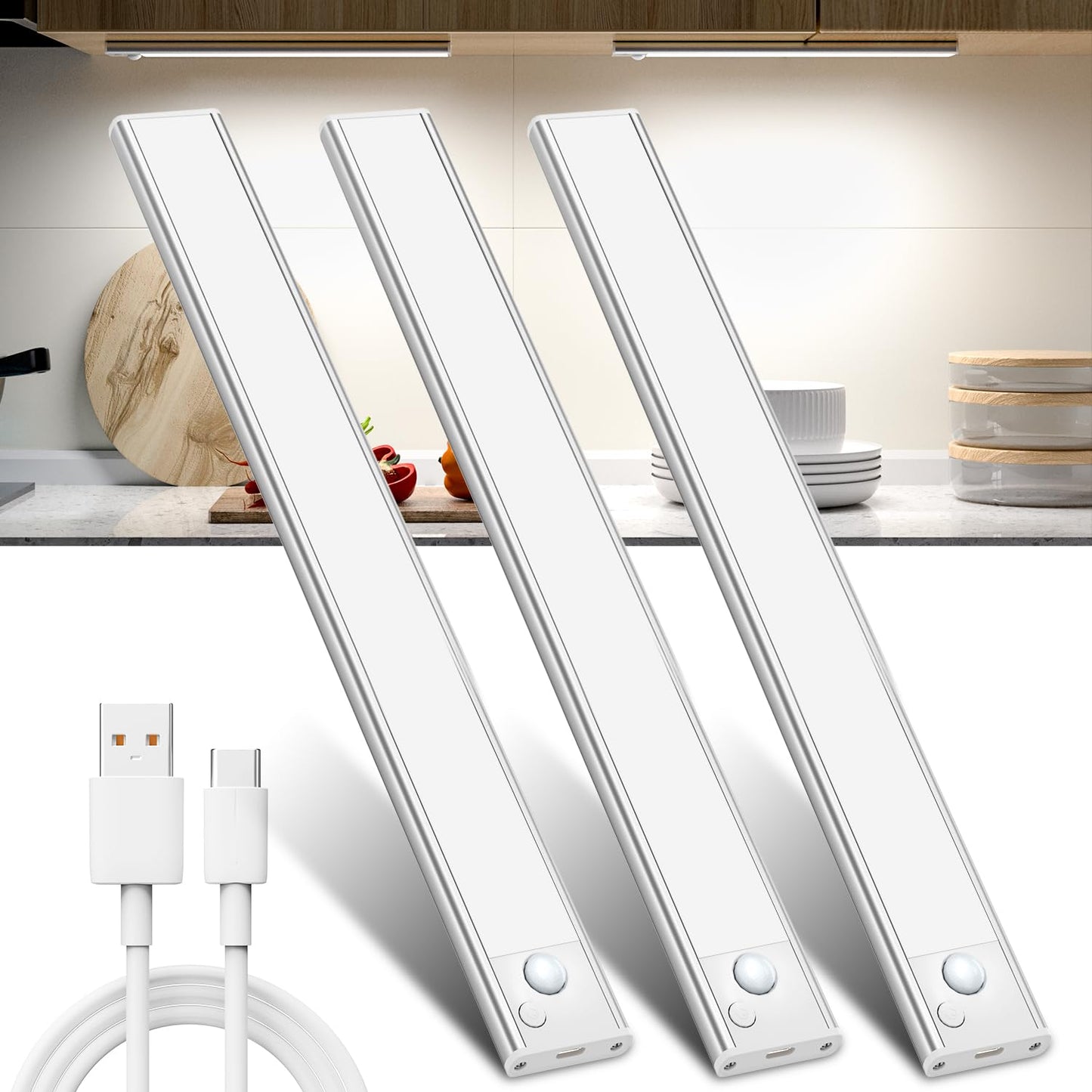 Luz LED Sensor Movimiento Cocina - Armario Luces Pilas Adhesiva Recargable Lampara sin Cables Bajo Mueble Interior Armarios Tira Lamparas Magnetica Pared Barra Light Iluminacion Inalambrica Lights USB