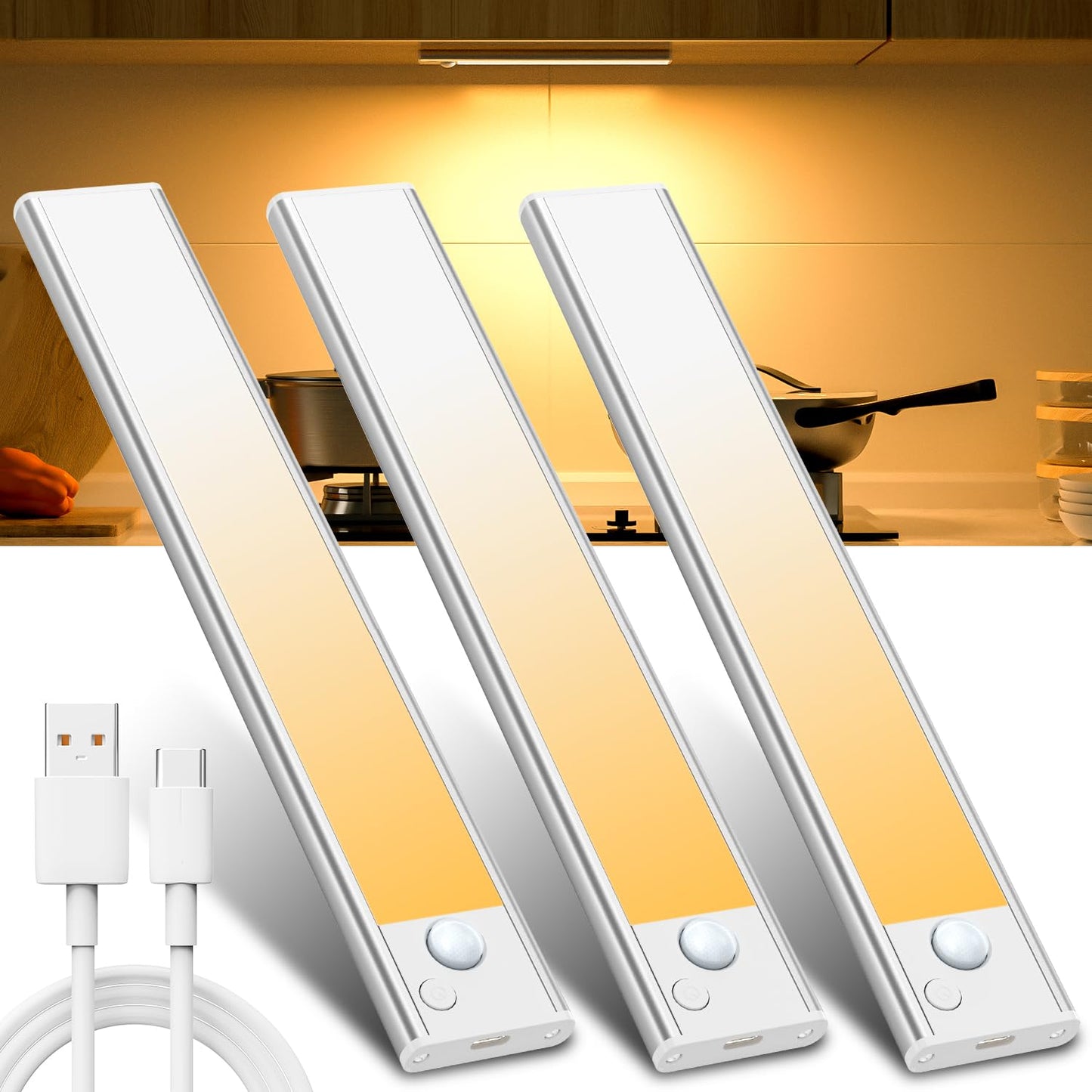 Luz LED Sensor Movimiento Cocina - Armario Luces Pilas Adhesiva Recargable Lampara sin Cables Bajo Mueble Interior Armarios Tira Lamparas Magnetica Pared Barra Light Iluminacion Inalambrica Lights USB